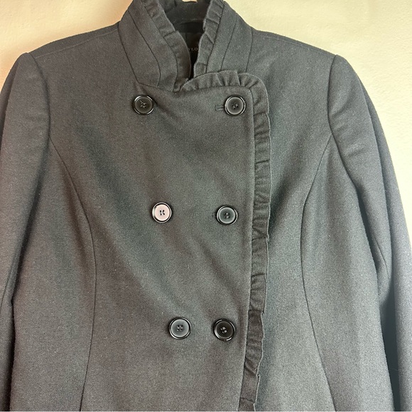 Ann Taylor Petite Black Double Breasted Ruffled Funnel Neck Coat/Blazer SzMP - Picture 3 of 10